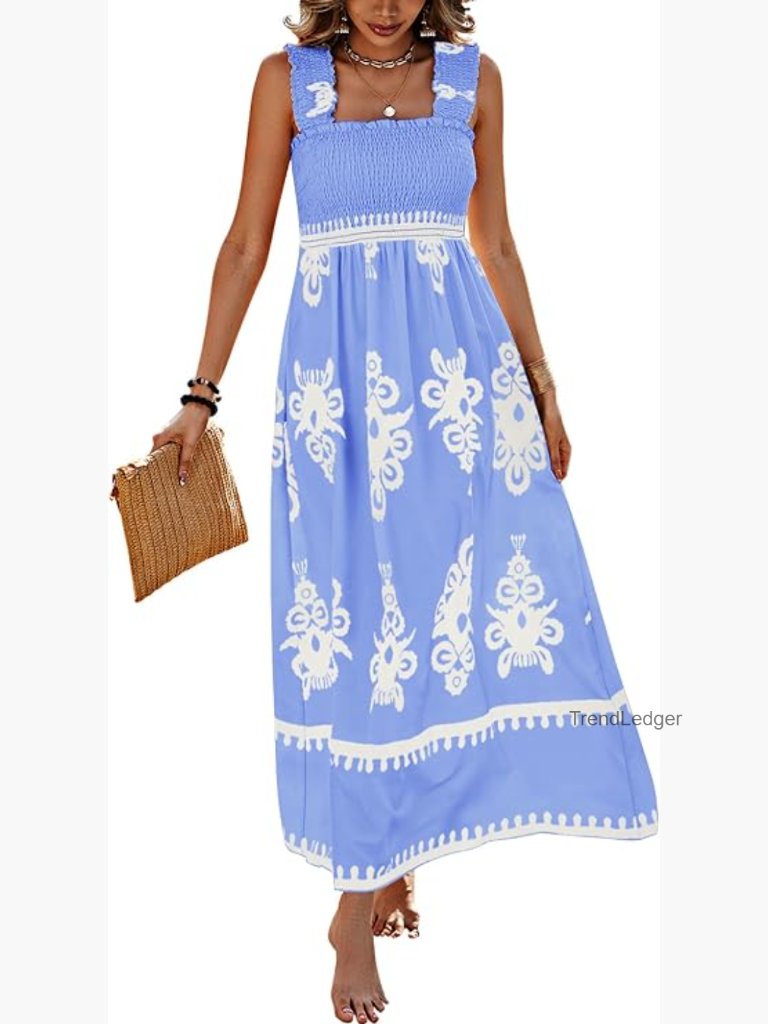 Sleeveless Square Neck Maxi Dress With Pockets Boho A-Line Smocked